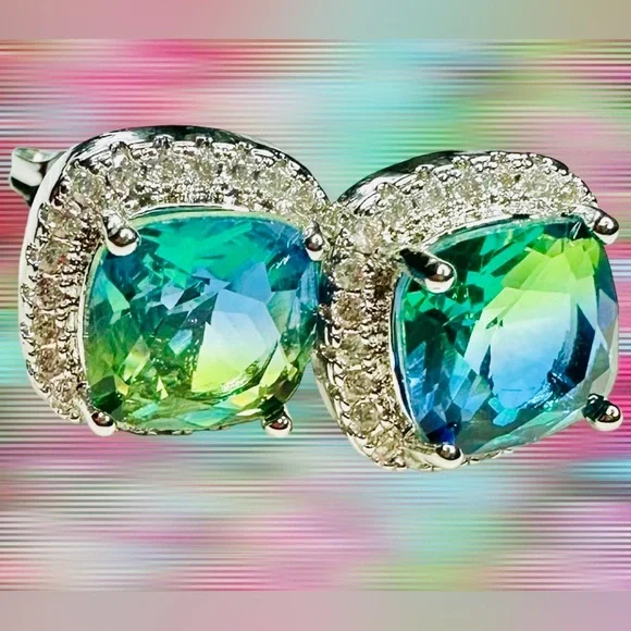 Silver and Green Gemstone
Square Stud Earrings - Picture 8 of 10